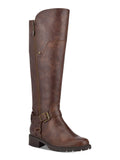 Womens Brown 1/2" Platform Stretch Gore Padded Zipper Accent Buckle Accent Tealin Round Toe Block Heel Zip-Up Riding Boot 6