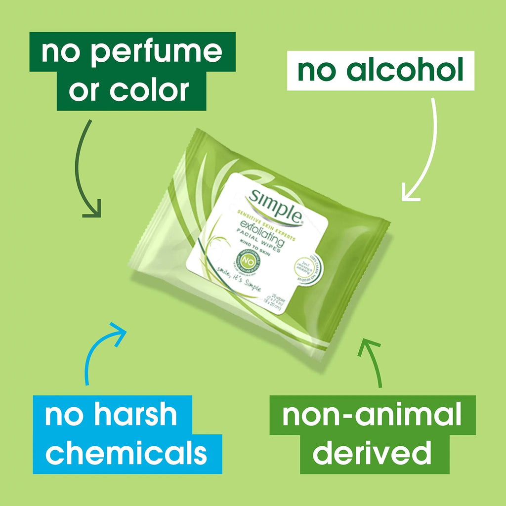 Simple Kind To Skin Cleansing Wipes Gentle And Effective Makeup Remover Exfoliating Free From Color And Dye, Artificial Perfume And Harsh Chemicals, 25 Count (Pack Of 4)