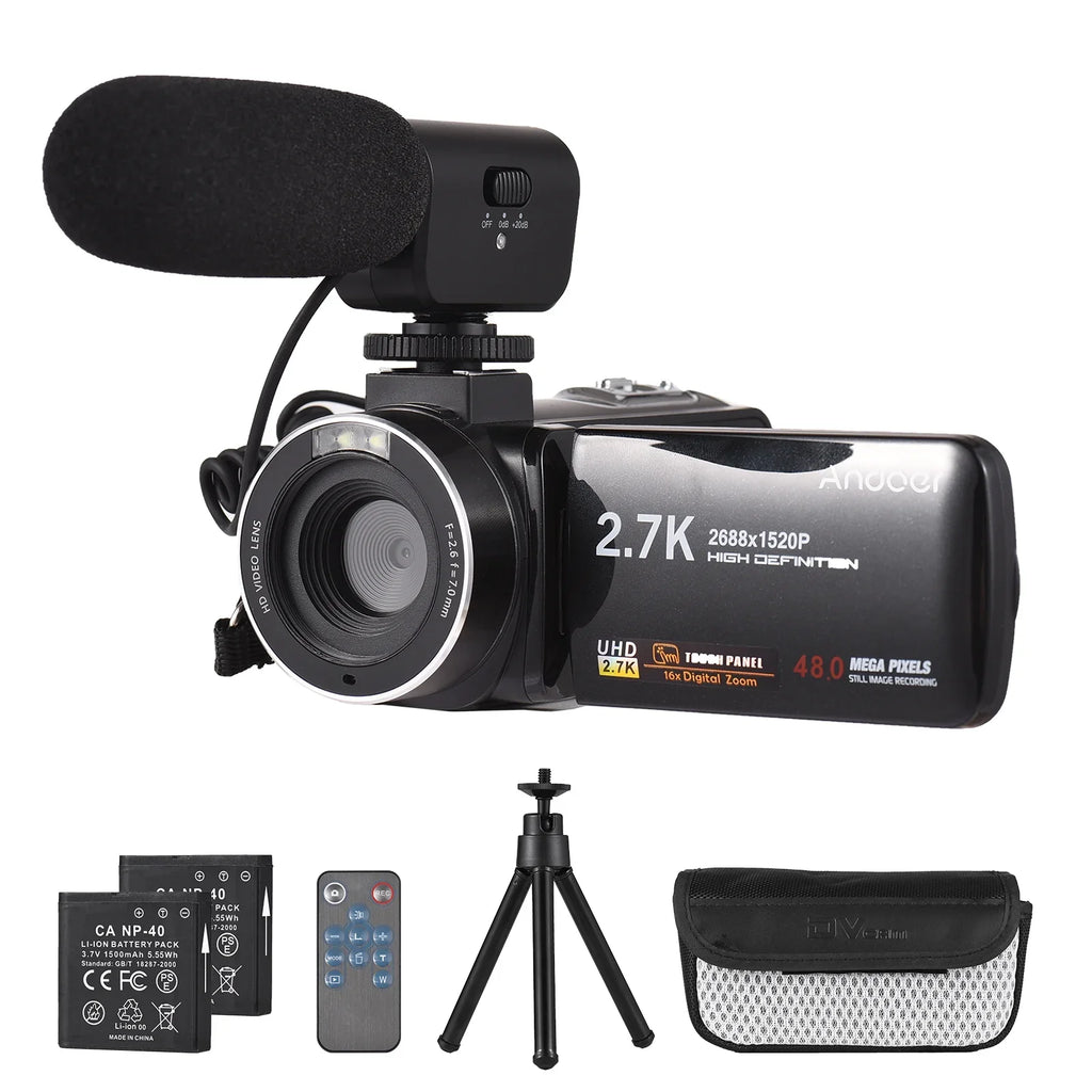 Andoer 2.7K Digital Video Camcorder  Recorder 48MP 16X Digital Zoom 3.0 Inch  Touch Panel Supports Face Detection Beauty Face Smile Capture -shake with 2pcs Batteries + Remote Control