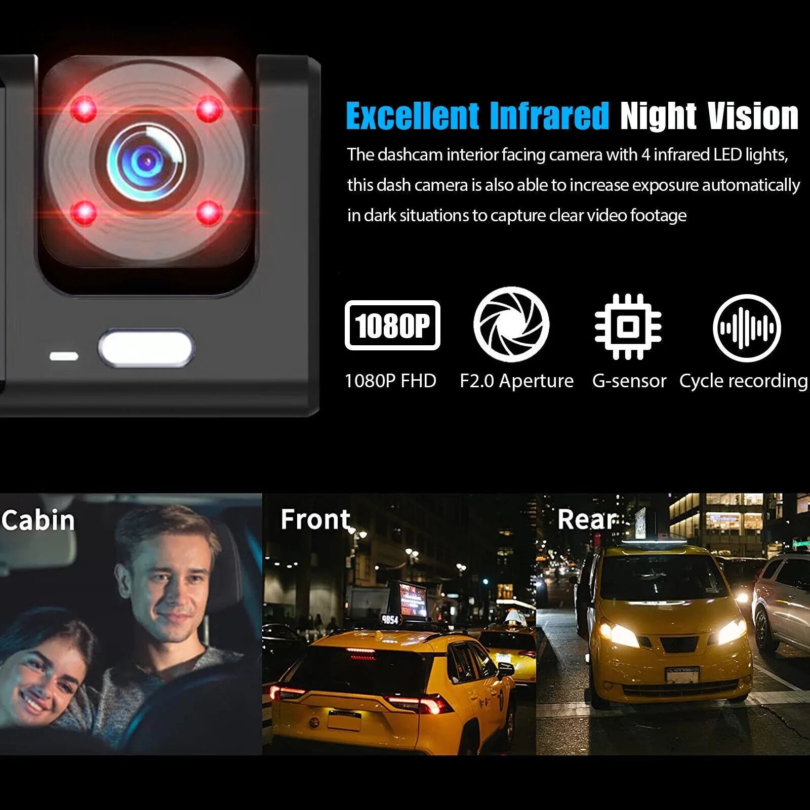 1080P Car Dual Dash Cam,  Front/Rear/Inside Dual Lens Dash Camera,  Video Recorder Camera with -sensor