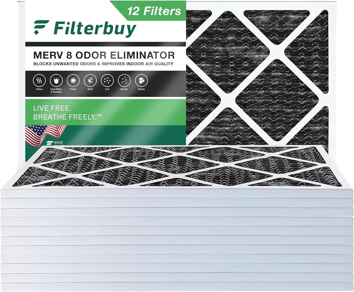 Filterbuy 14x25x1  8 Odor Eliminator Pleated   Furnace Air Filters with Activated Carbon (12-Pack)