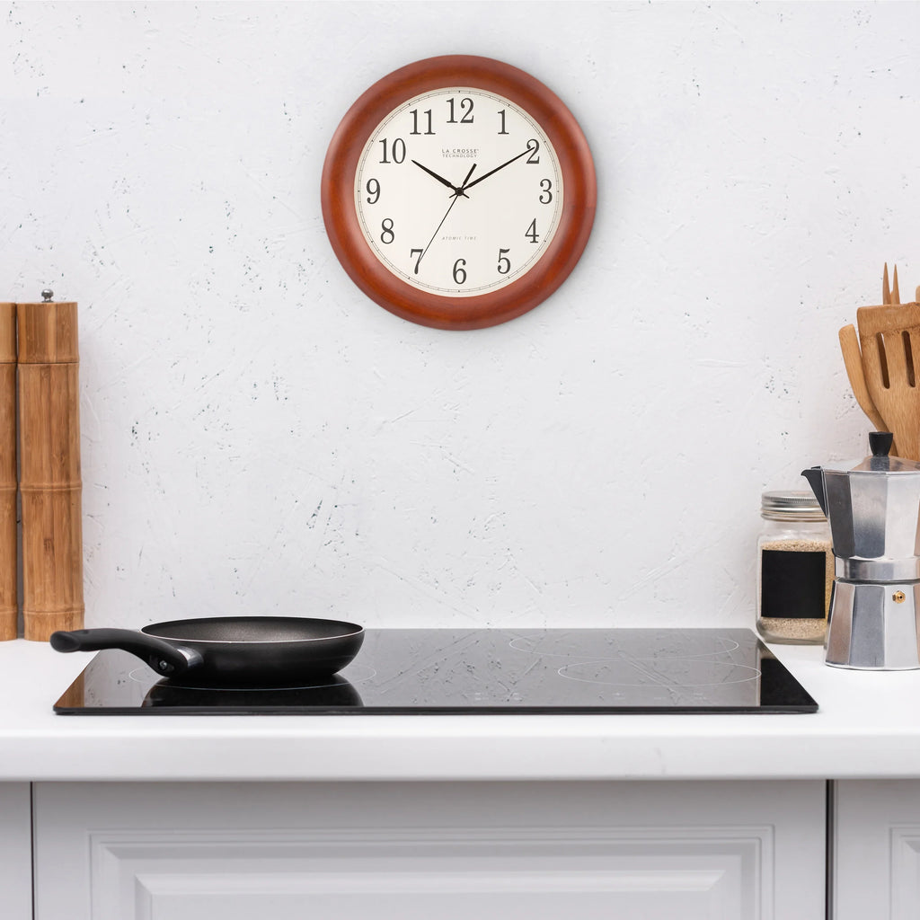La Crosse Technology 12.5 Inch Cherry finish Oak Wood Atomic Analog Clock, -3122A-Int