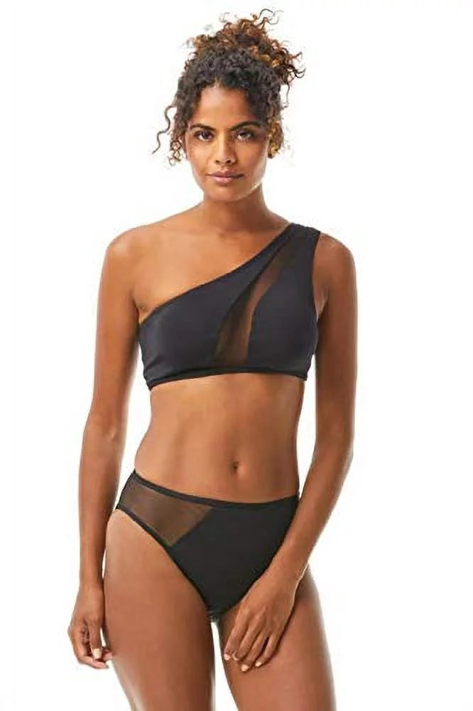 Women's Black Stretch Lined      Bikini Mesh One Shoulder Swimsuit Top