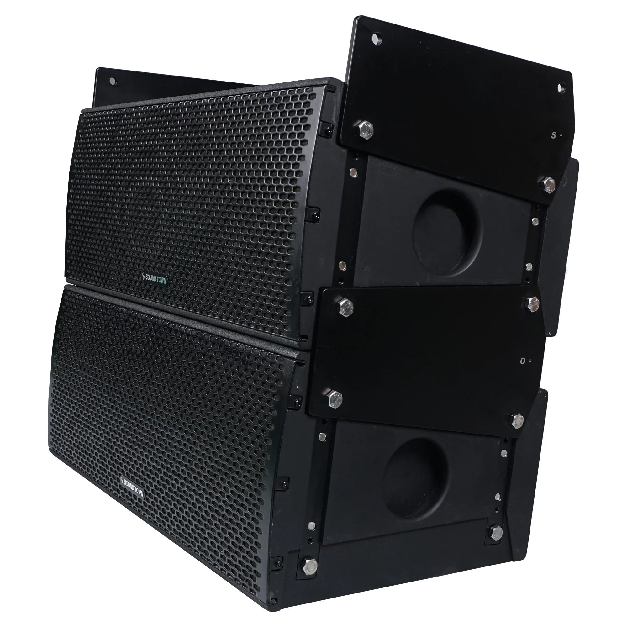 Sound Town All-Weather 4 x Dual 8” Water-Resistant Passive Line Array System with 3” Titanium Compression Drivers, Full Range/Bi-amp Switchable, Black (-)