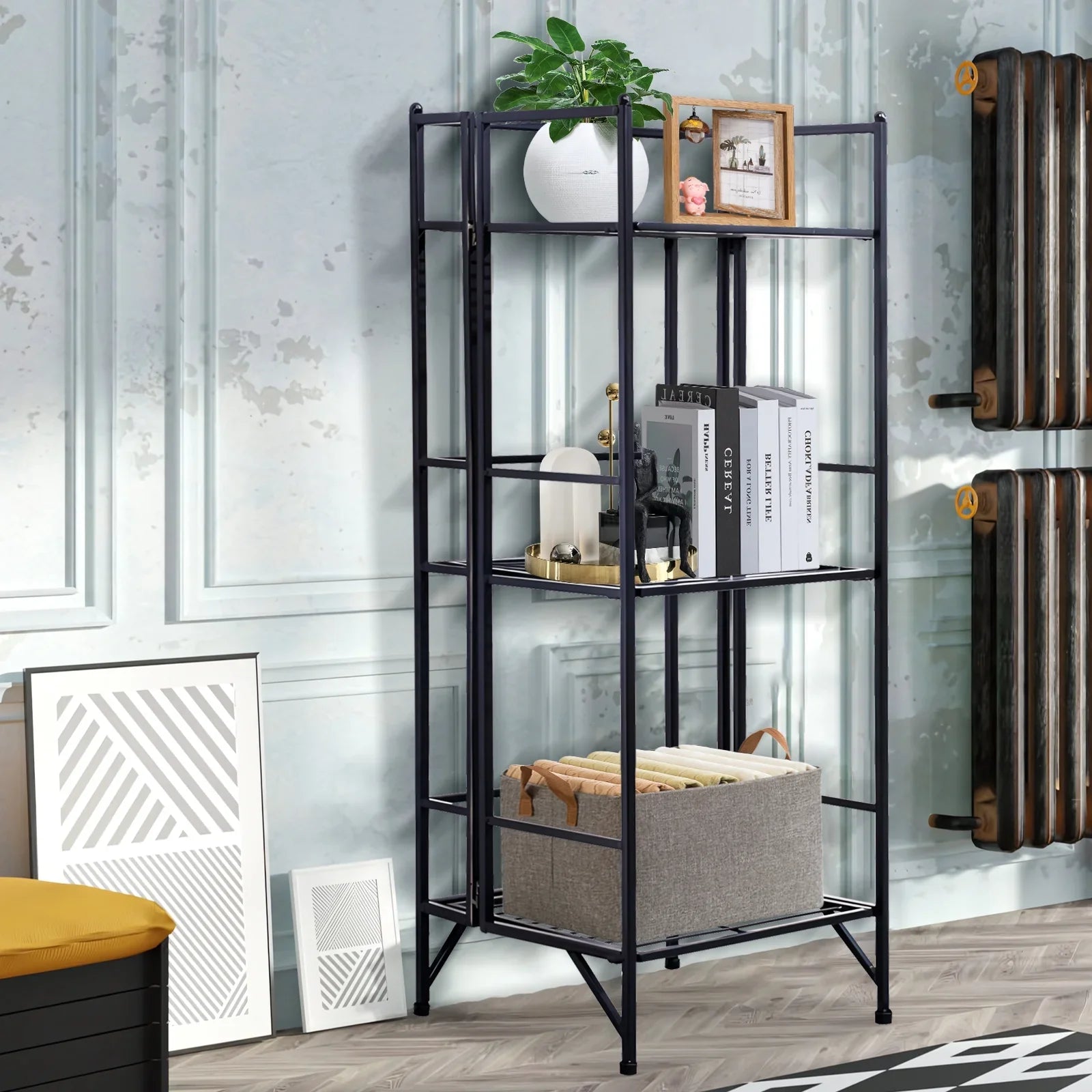 3 Tier Wide Folding Metal Shelf, Metal Storage Rack, 13 x 11 x 33" Wire Shelving Unit, Heavy Duty Kitchen Organizer Shelf, Black