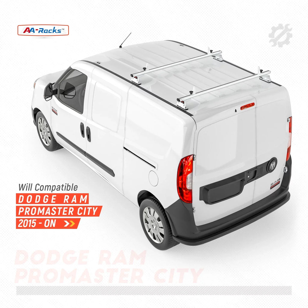 '-Racks Model -  ProMaster City 2015-On Aluminum 2 Bar (50") Van Roof Rack System w/ Ladder Stopper White