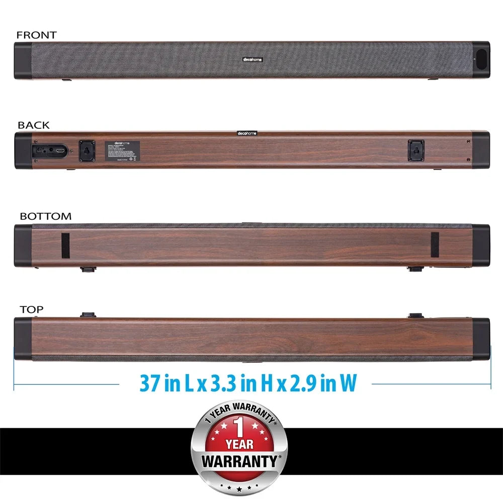 Deco Gear  60W 2.0 Channel Soundbar with Built-in Dual Subwoofers and Four 2.5" Drivers Bundle with 1 Year Extended Warranty