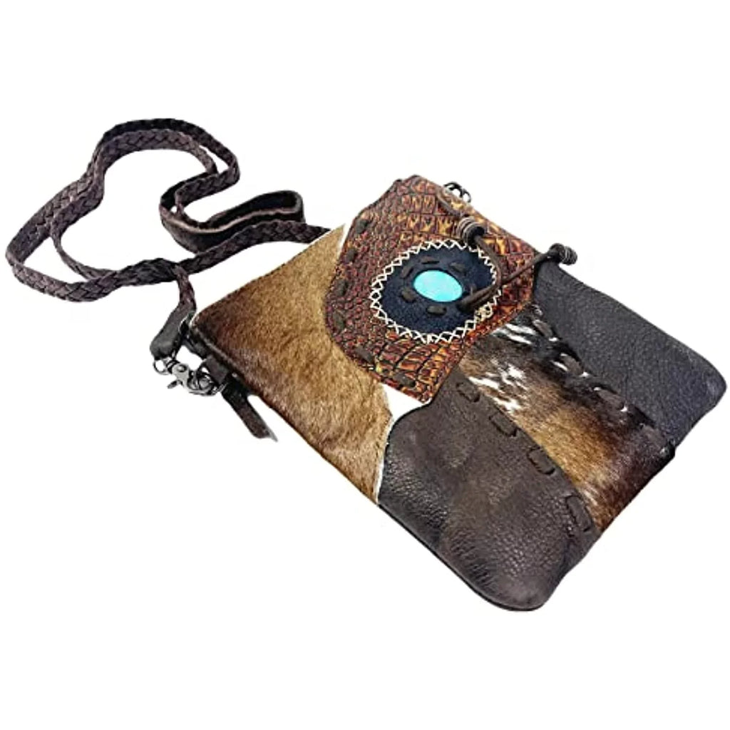 Urbalabs Western Crossbody Purse Cowhair Handbag Leather Teal Stone Tassel Tooled Tote Bag Hand Stitched Purses (Dark Brown)