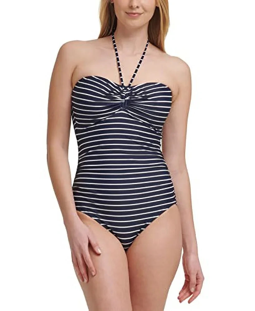 Women's Navy Striped Stretch Tie Bandeau Neck Lined Moderate Coverage Molded Cup One Piece Swimsuit 4