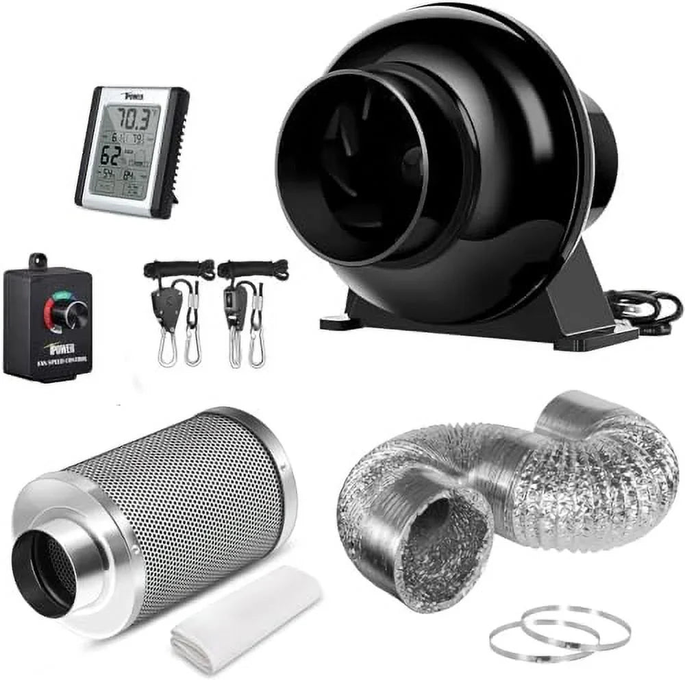 iPower 4 Inch 195  Inline Fan Circulation Vent Blower, Air Carbon Filter, 8 Feet Ducting, Speed Controller, 1-Pair Rope Combo for Grow Tent Ventilation and Temperature Humidity Monitor, Low noise