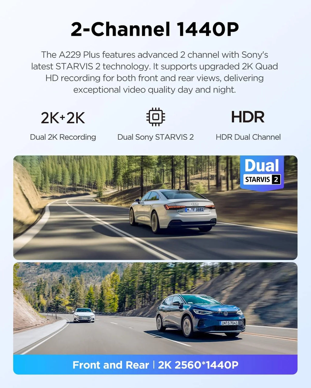 Plus 2CH Dashcam with , Dual  2 Sensors, 1440P+1440P Front Rear 1.87 lb Camera