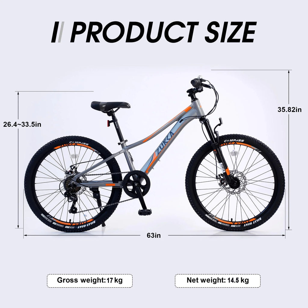 Kids Mountain Bikes 24 inch for Girls and Boys, Shimano 7-Speed Mountain Bicycle with Disc Brakes, 85% Assembled, Gray