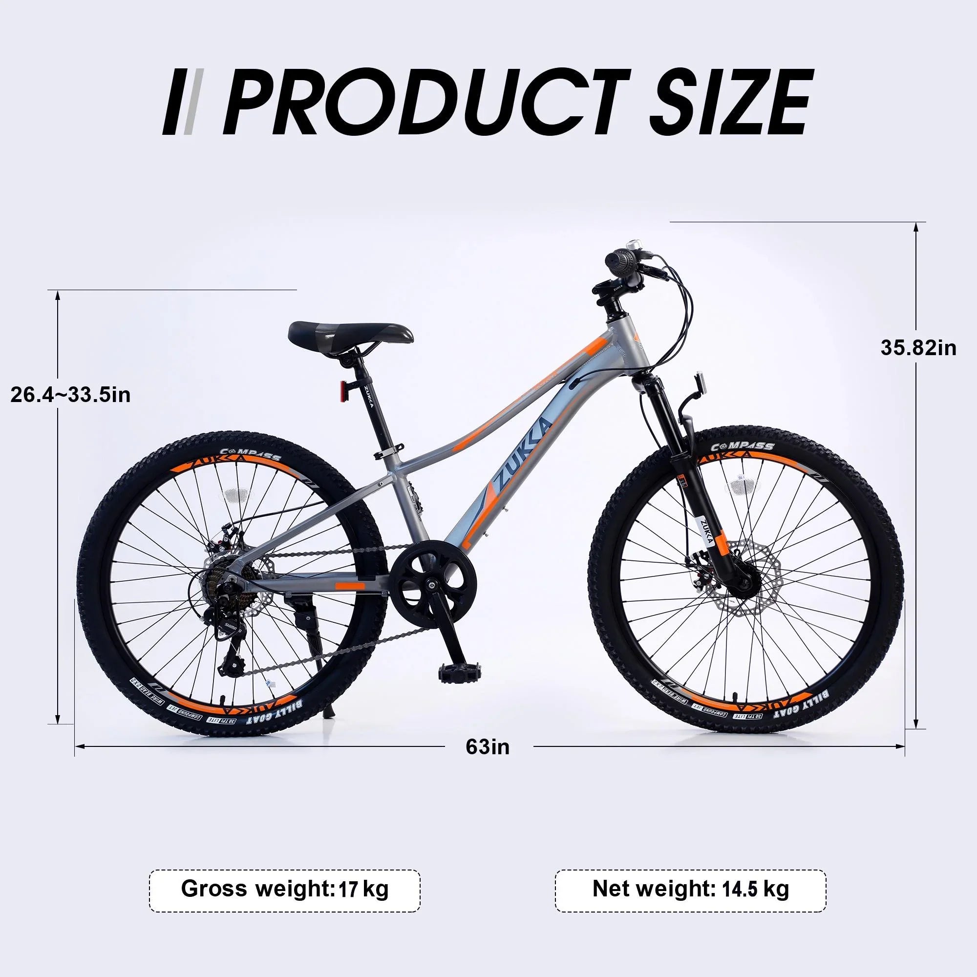 Kids Mountain Bikes 24 inch for Girls and Boys, Shimano 7-Speed Mountain Bicycle with Disc Brakes, 85% Assembled, Gray