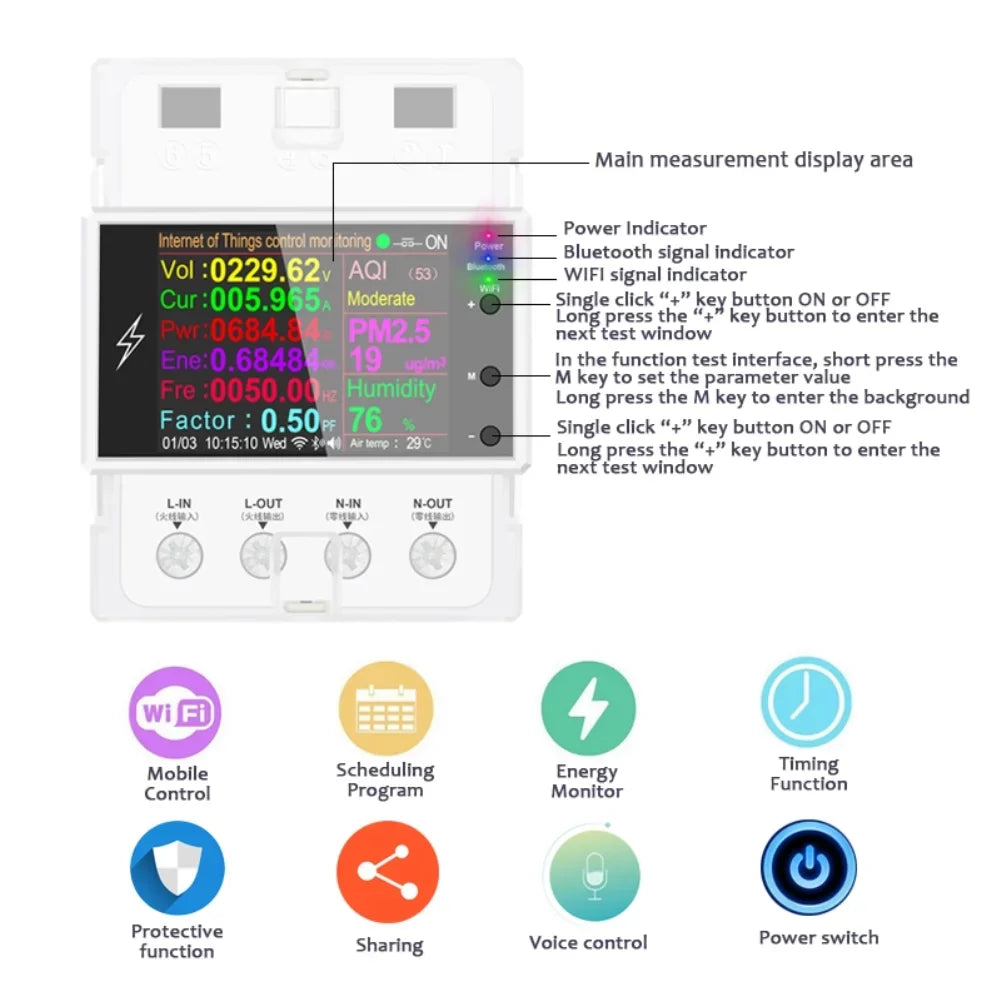 Tuya Wifi/Bluetooth  100A Din Rail Smart Switch Remote Control  220V 110V Digital Energy Kwh Frequency Factor Meter