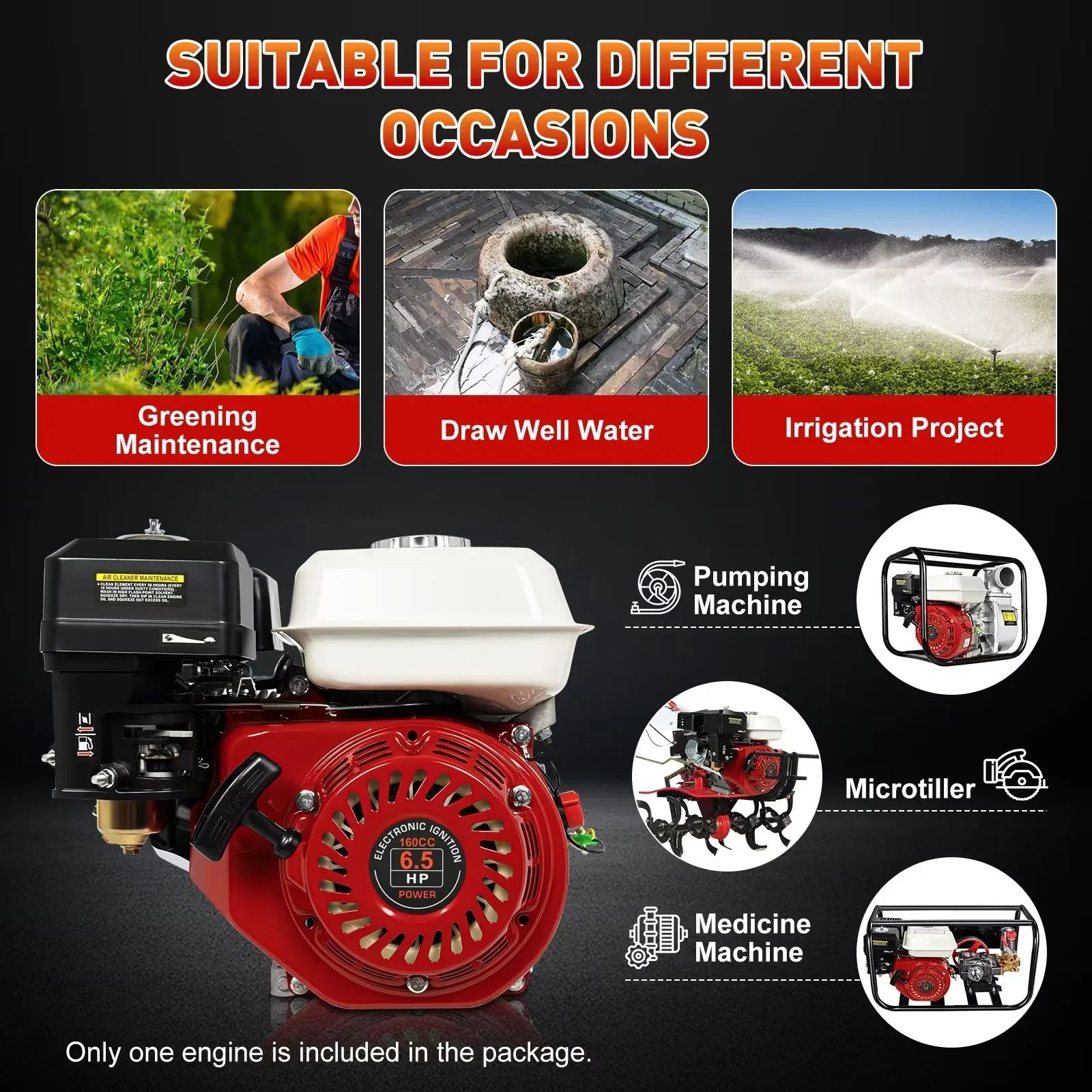 4 Stroke 6.5HP Single Cylinder Gas Engine 160cc Air Cooled For Honda