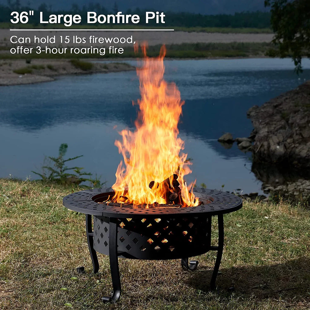 36 Inch Fire Pit with 2 Grill, Outdoor Wood Burning Firepit with Lid, Metal Round Table for Backyard Patio Garden Picnic Camping Bonfire