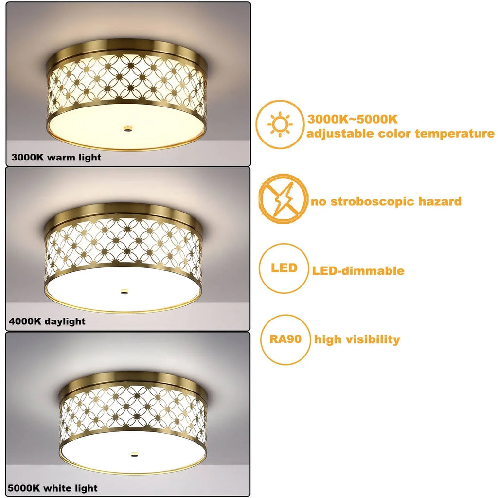 Modern Drum Brushed Gold Ceiling Light Fixtures with White Fabric Shade