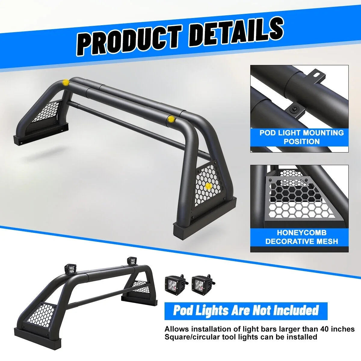 62.9-74.7" Adjustable Truck Roll Sport Bar Chase Rack Bed Bar Fit For 1999-2013 and 2019-2023 Chevy silverado/ sierra