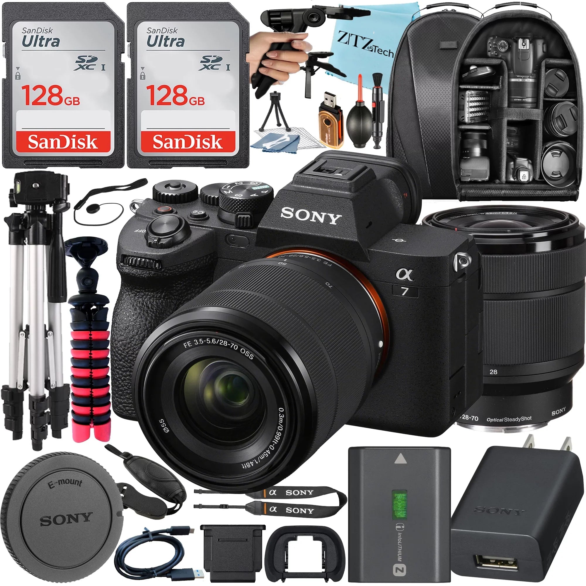 Sony Alpha a7  Mirrorless Digital Camera with  28-70mm Lens + 2 Pack SanDisk 128GB Card + Case + Tripod + ZeeTech Accessory Bundle