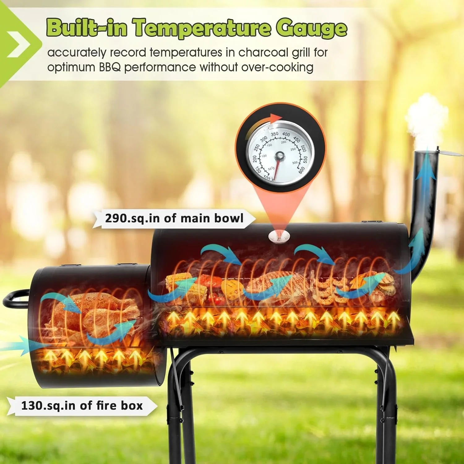 Outdoor  Grill, Barrel Charcoal Grill with Offset Smoker, Camping Barbecue Grill for Patio Backyard Garden Party Picnic, Large 420.. Cooking Area, 2 Screwdrivers & 6 Hooks - Black