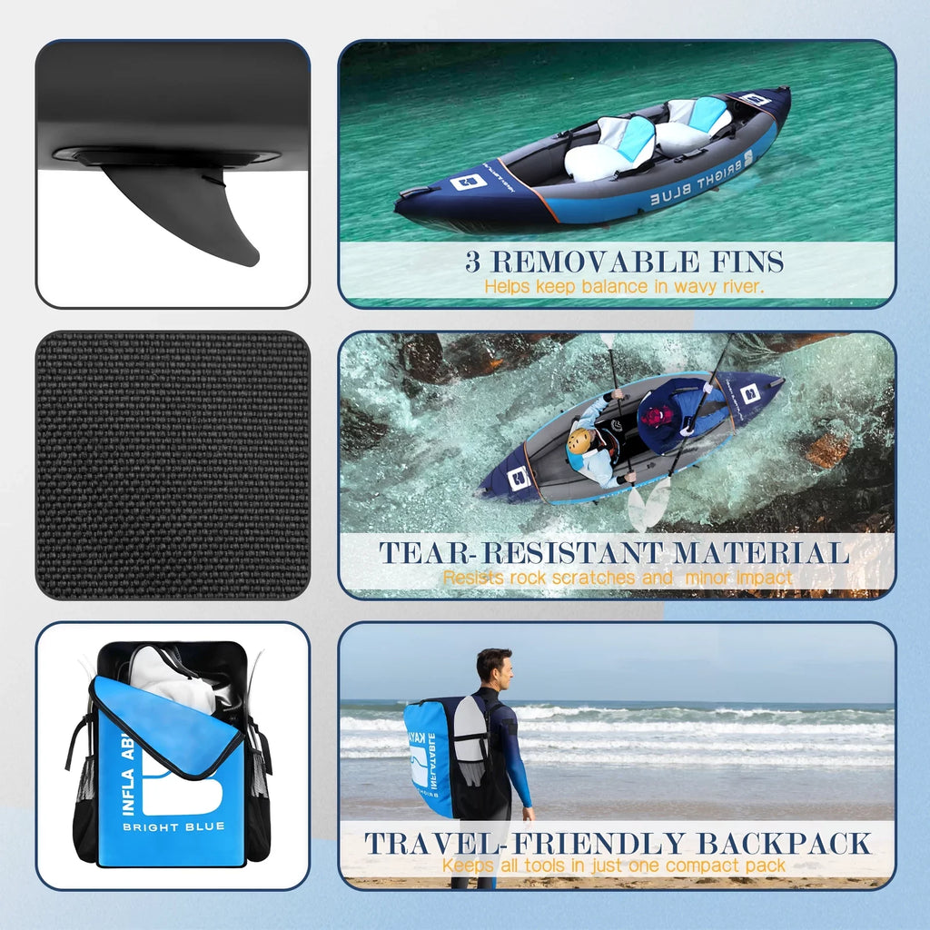 Rich Versatile Blue 11' Inflatable Fishing Kayak Set 2 Person Sit-on Kayak for Adults Angler Blow up Kayak with 2 Paddles 3 Fins and Carrying Bag