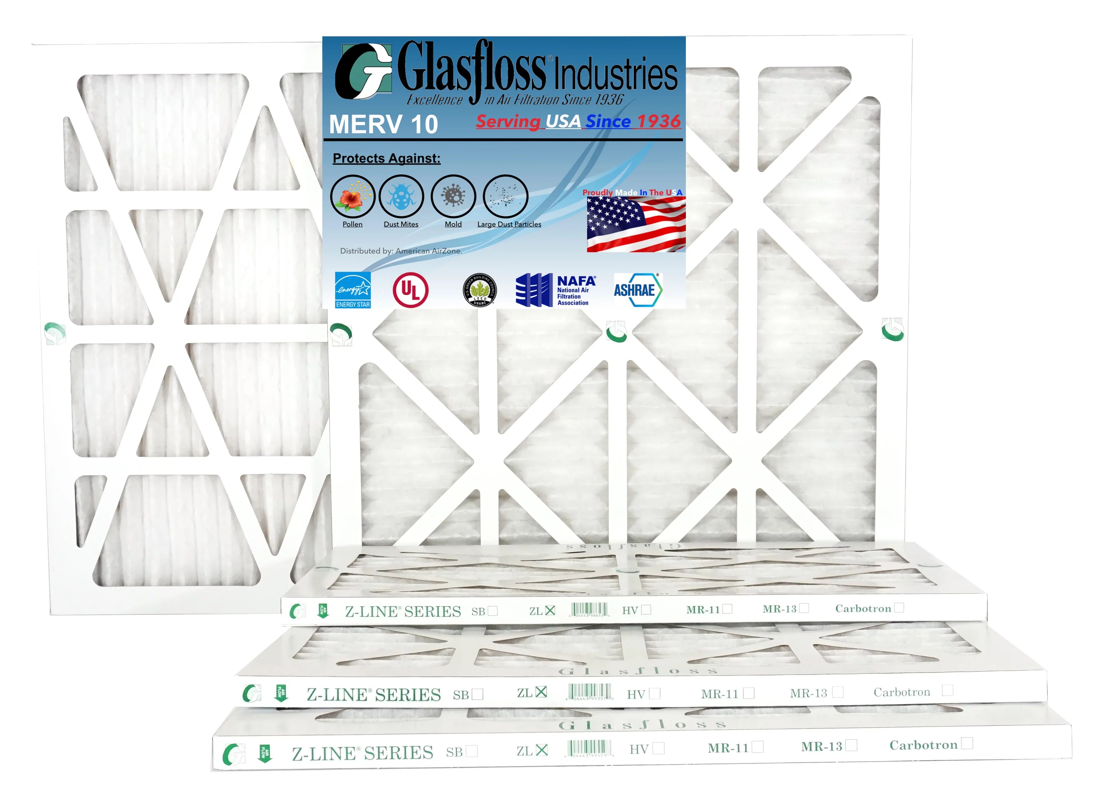 Glasfloss 22x22x1 -  10 -Qty:6 - Furnace Air Filter - Made in  (Actual Size: 21.5 x 21.5x7/8 inch)