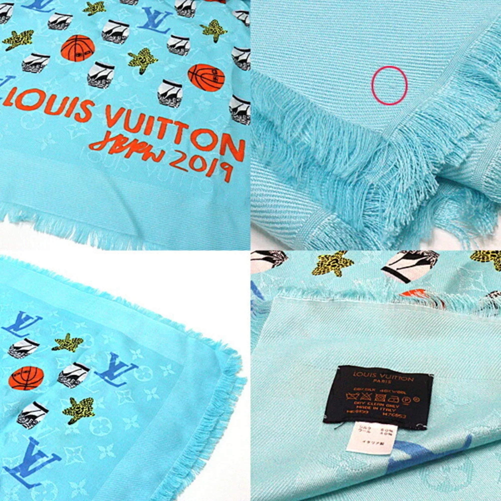 Pre-Owned Louis Vuitton Jonas Wood   monogram stole  blue shawl basketball/flower/pot silk 60% wool 40% (Like New)