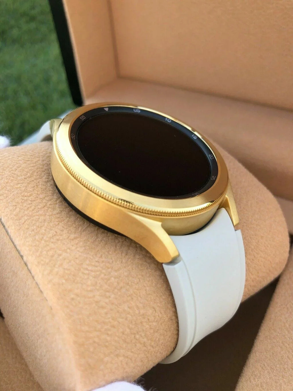 Custom 24k Gold Plated 46mm Samsung Galaxy Watch 4 Gold Bezel Gray Gold Band