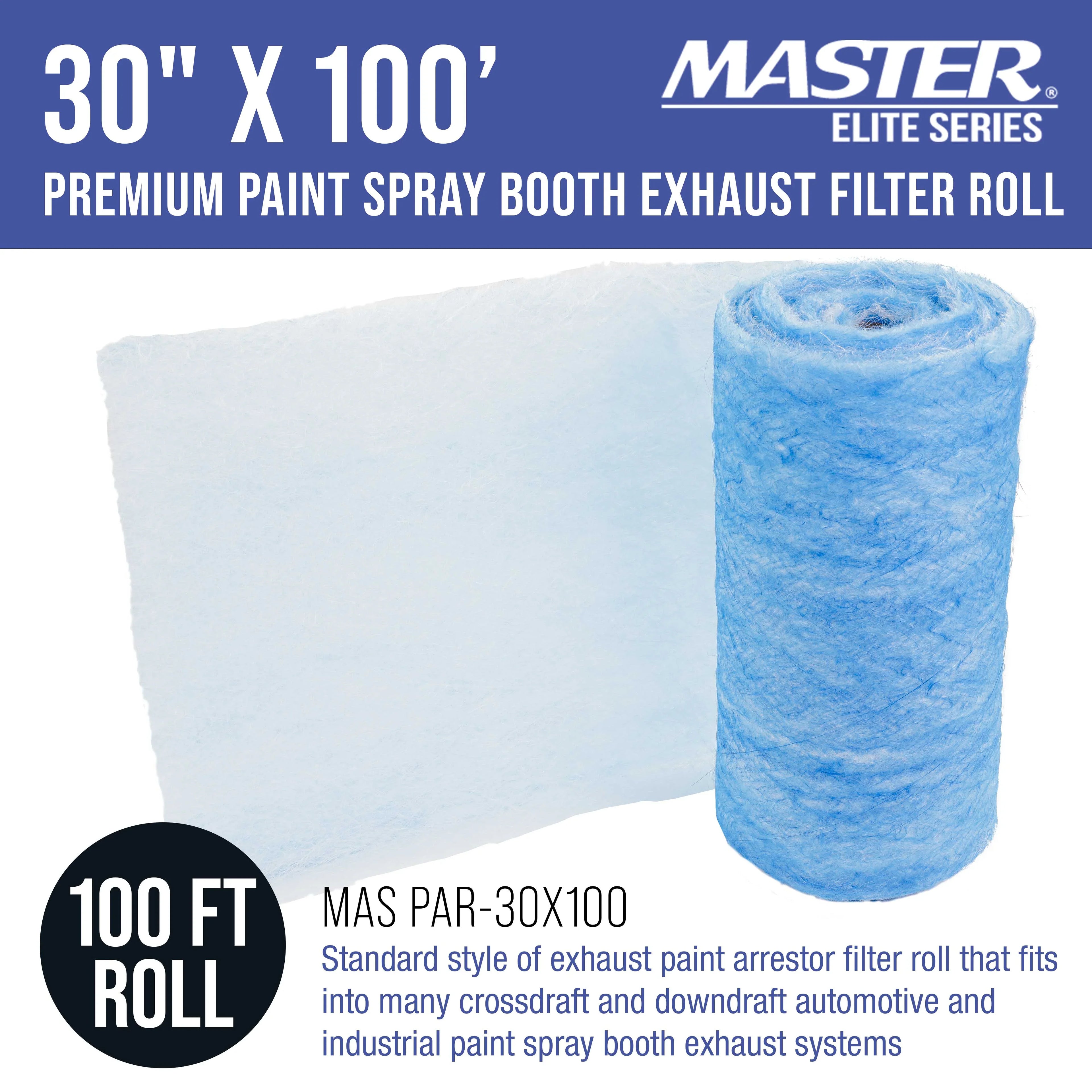 Master Elite Premium Paint Spray Booth Exhaust Filter Roll, 30" x 100' - 18 Gram Heavy-Duty Fiberglass Paint Arrestor - Captures Traps Overspray Paint Particles in Auto Autobody Refinish Booths