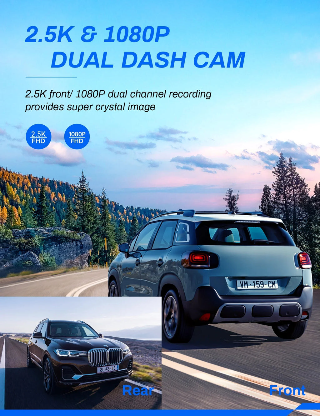 Crosstour  Dash Cam, Front and Rear 2.5K Dual Car Cam  Dash Camera for Cars 3 Inch  Screen Magnetic Dashboard Recorder 170 Backup Camera with Night Vision  -Sensor, Parking Monitor