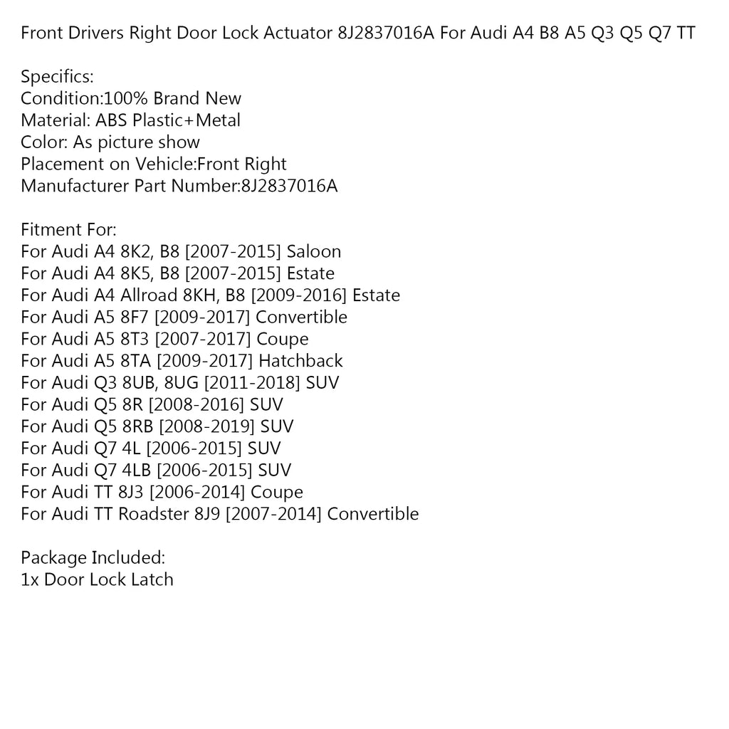 Front Drivers Right Door Lock Actuator 8J2837016A For Audi