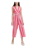 Womens Pink Zippered Pocketed Self Tie Sash Striped Sleeveless Surplice Neckline Wear To Work Wide Leg Jumpsuit 12