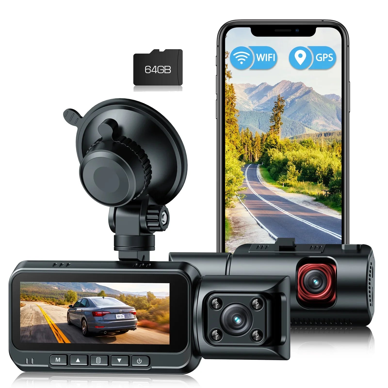 Dash Cam Front Rear, 4K Full  Dash Camera for Cars, Free 64GB Card, Built-in Wi-Fi , 3.16”  Screen, Night Vision, 170°Wide Angle, , 24H Parking Mode