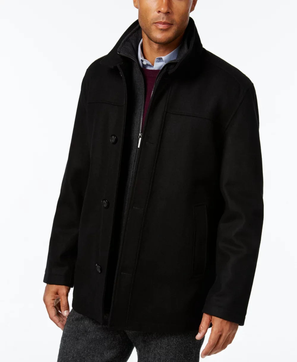 London Fog Men's Wool Blend Button Front Car Coat, Charcoal, Medium