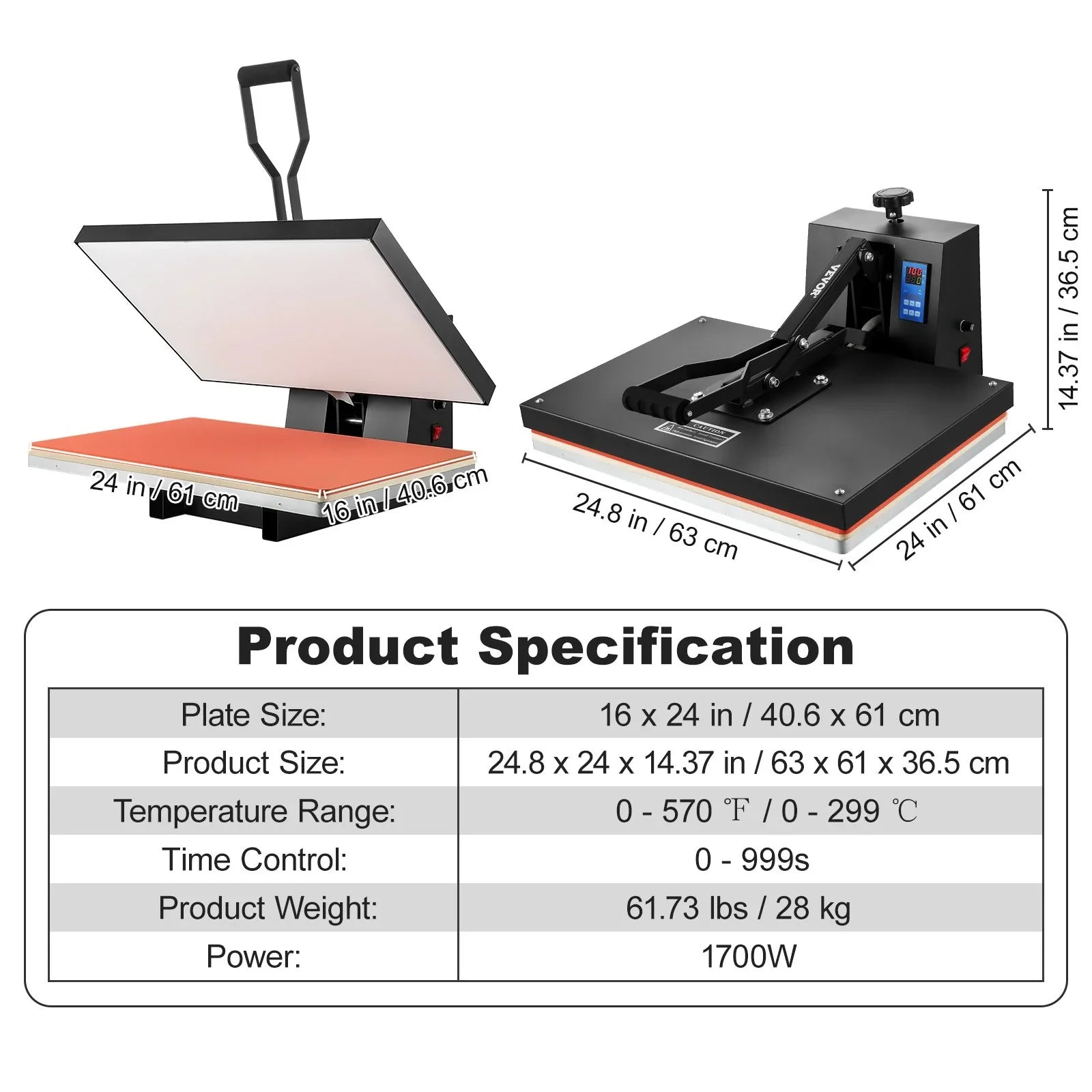 16x24 Heat Press Machine 1700W Power, Industrial Sublimation Printer for TShirt and Heat Transfer Vinyl, Easy to Use Digital Heat Press Black