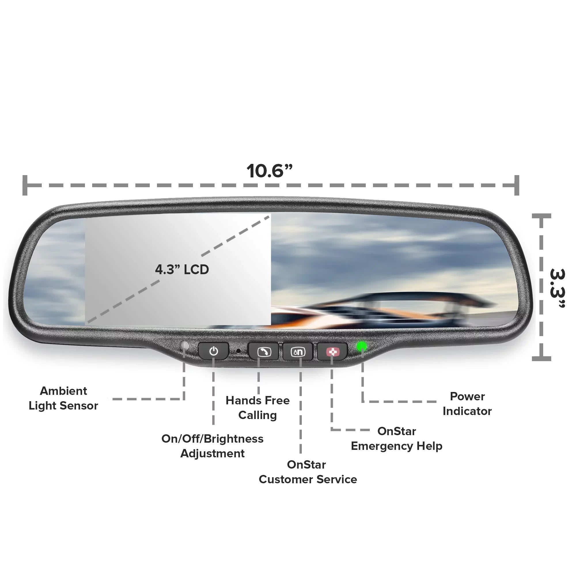 Master Tailgaters Universal  Rear View Mirror with 4.3" Auto-Adjusting Ultra Bright , OnStar Buttons, and Compatibility for All Cars