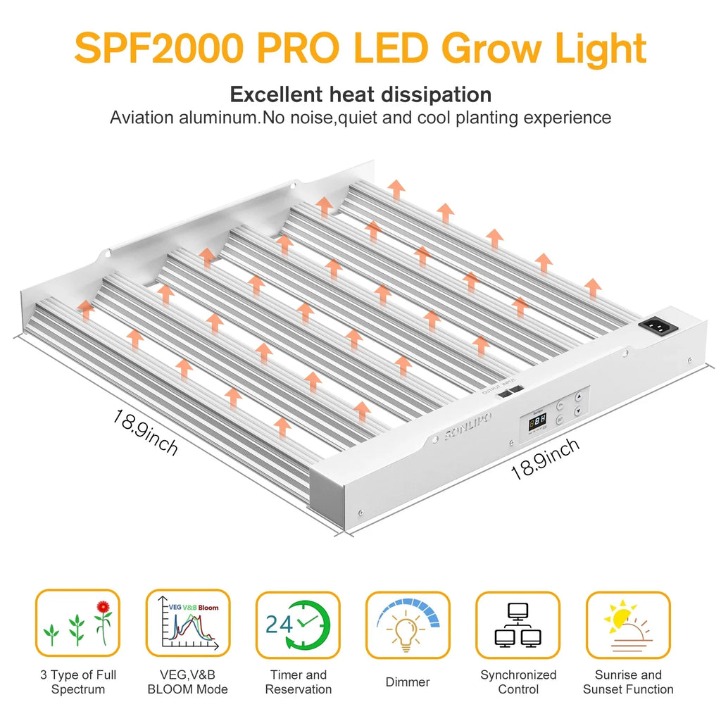Grow Light 200W with Full Spectrum Veg & Bloom Dimmer Timer - 3x3ft Coverage Sunlike Grow Lamps for Indoor Plants - Seeding, Flowering, and Plant Growth  Plant Light Fixture