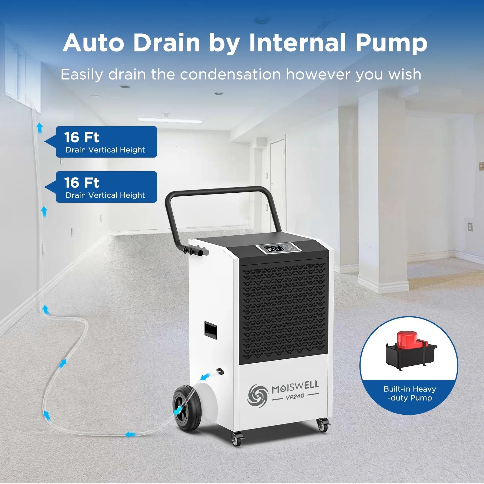 Moiswell 240 Pints Commercial Dehumidifier with Pump and Drain Hose - Ideal for Industrial Site, Basements, Water Damage Unit for Large Spaces up to 8,500 Sq Ft - Auto Defrost, Memory Starting