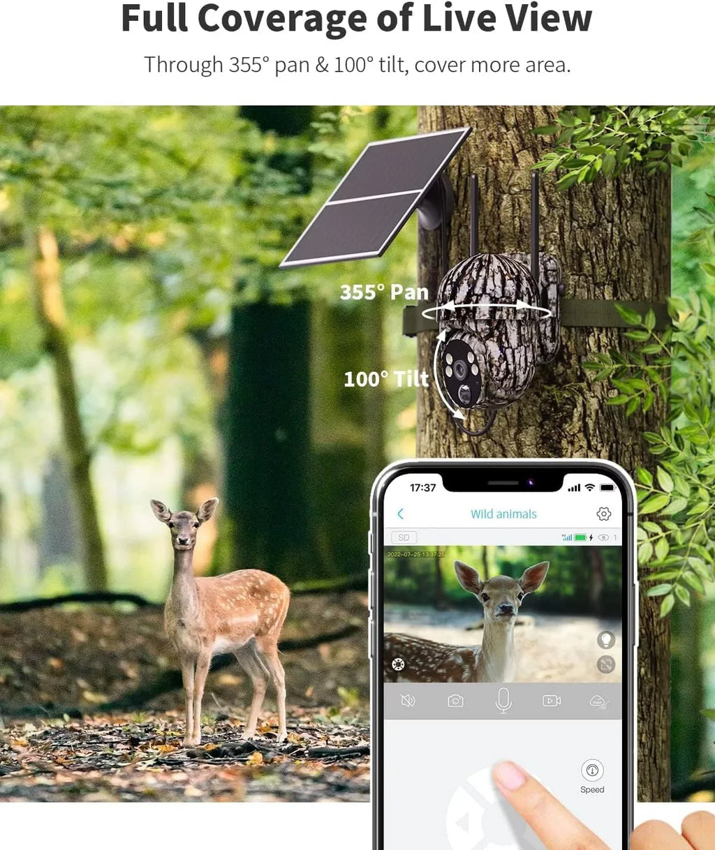 4G  Cellular Trail Cameras Include & Card (Verizon/&/-Mobile) &Solar Panel, Game Cam Works No WiFi with 2K Live Feed via phone/360° Full View/Motion Activated/Night Vision/Playback