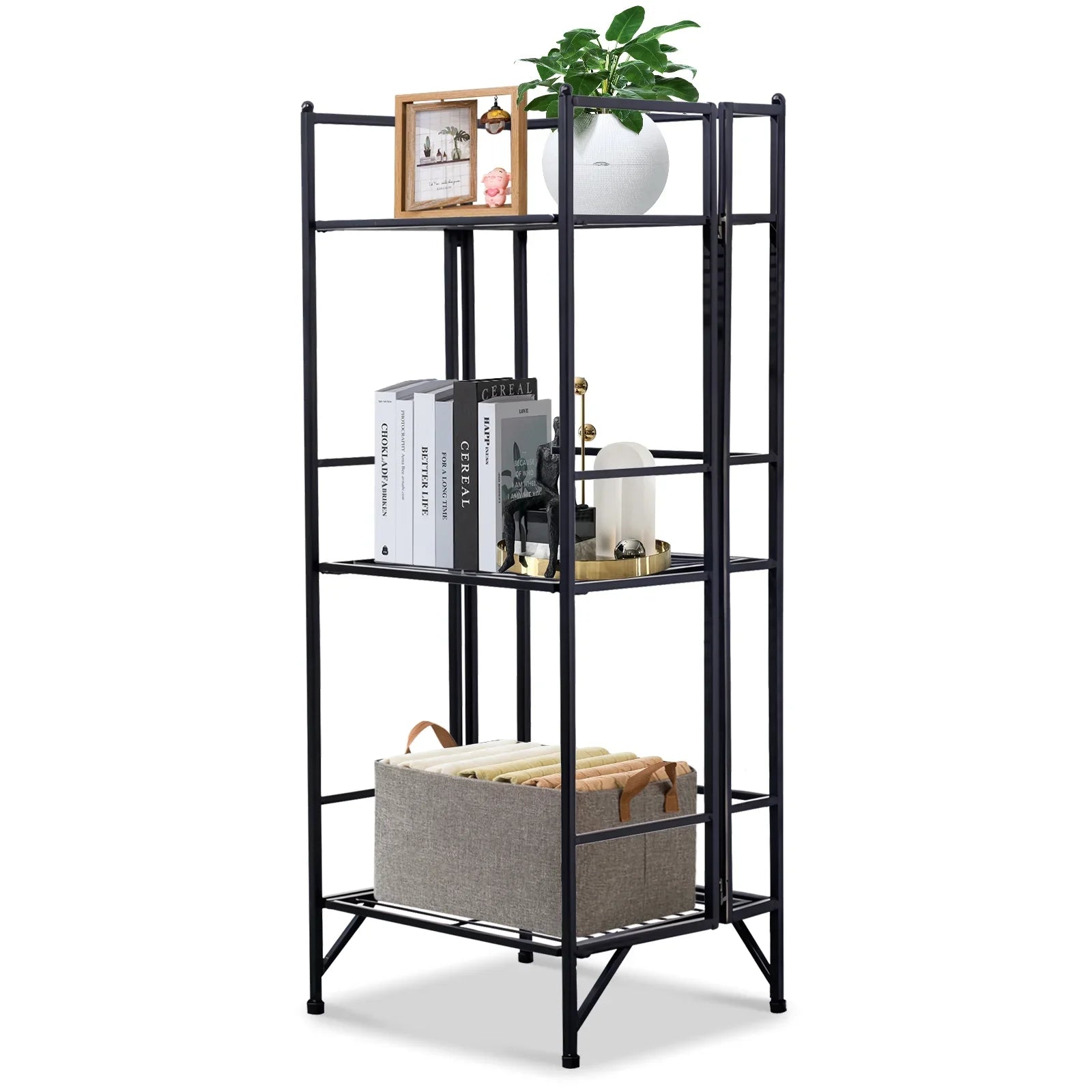 3 Tier Wide Folding Metal Shelf, Metal Storage Rack, 13 x 11 x 33" Wire Shelving Unit, Heavy Duty Kitchen Organizer Shelf, Black