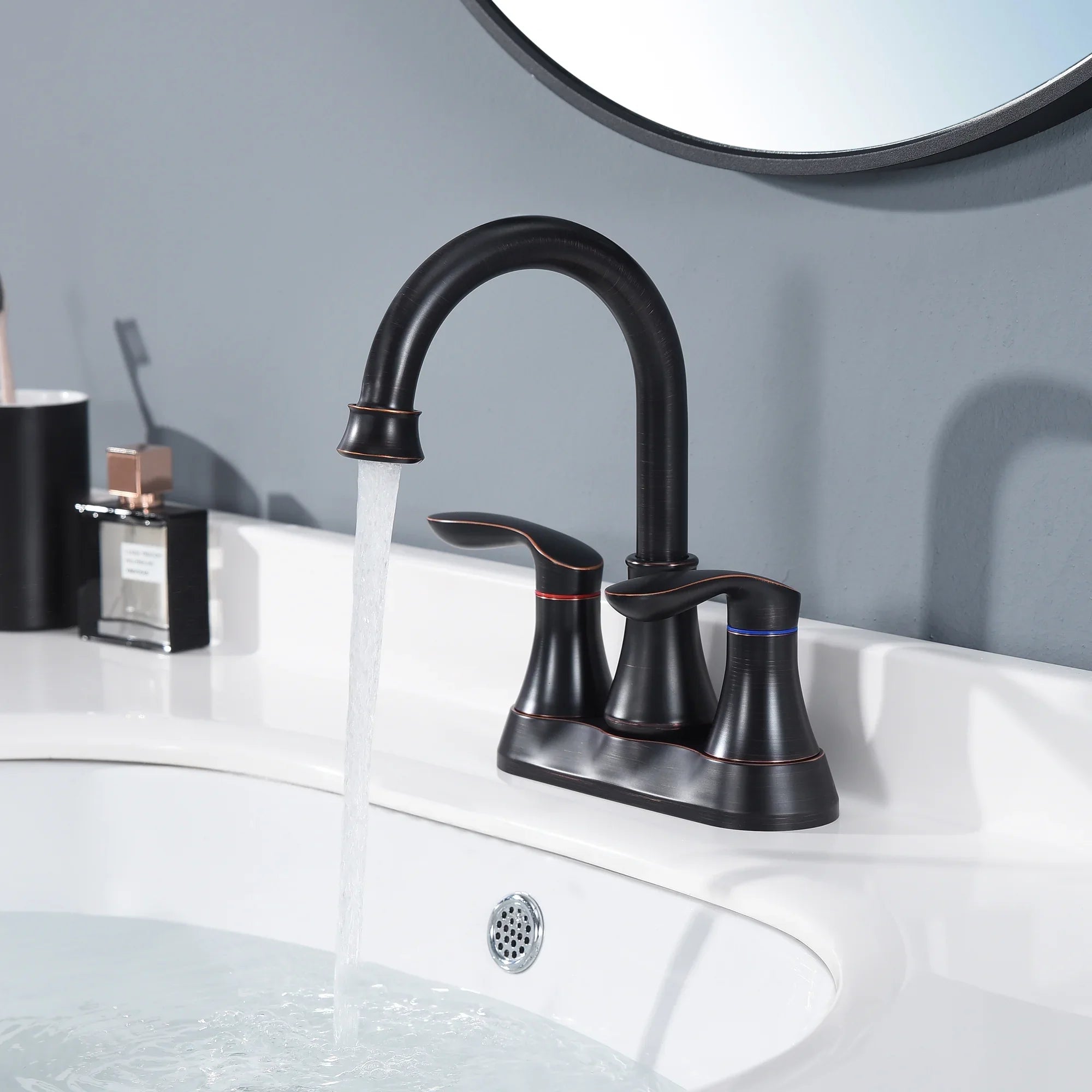 Kichae 4 Inch Vanity Sink Faucet，2-Handle 360 Degree Swivel Bathroom Spout Centerset Faucet with Pop-up Drain & Supply Hoses，Oil Rubbed Bronze