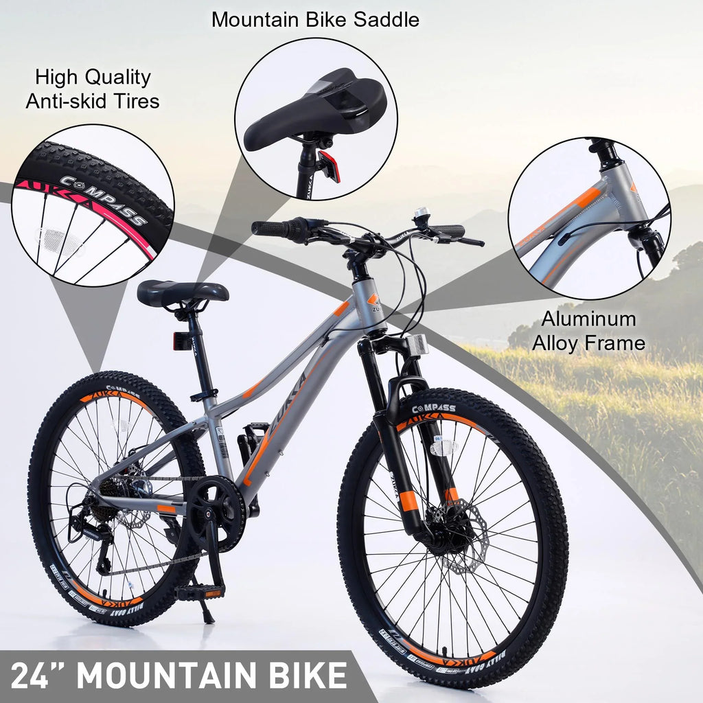 Kids Mountain Bikes 24 inch for Girls and Boys, Shimano 7-Speed Mountain Bicycle with Disc Brakes, 85% Assembled, Gray