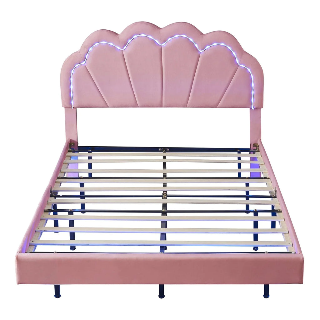Full Size Smart  Platform Bed with Wooden Slats Support Beige