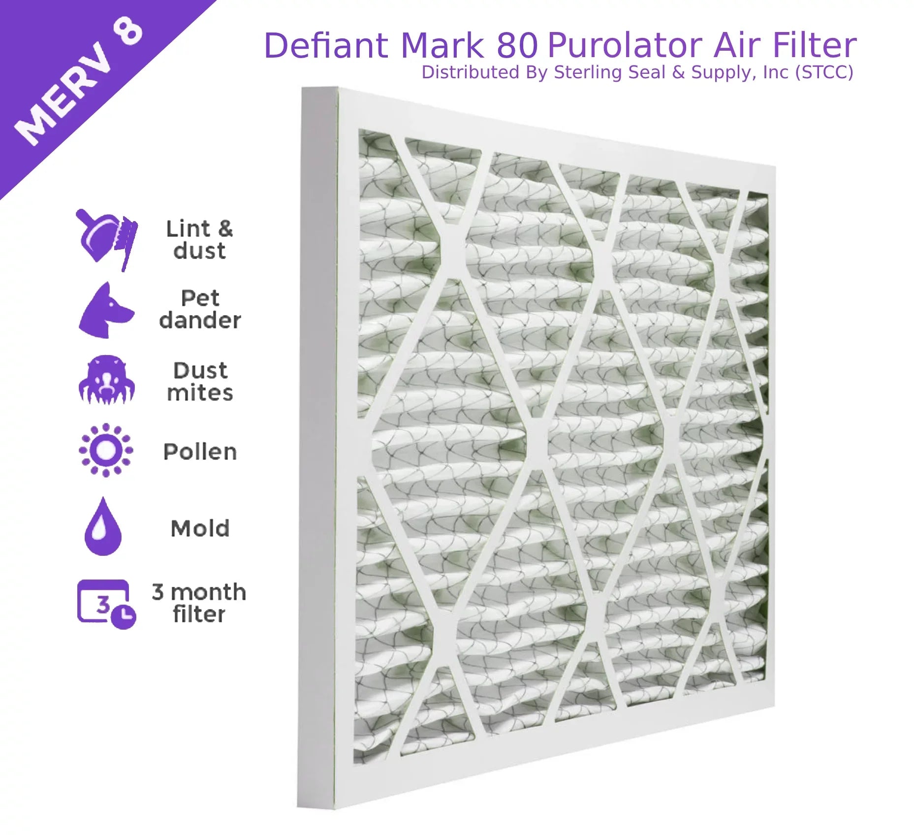 20x22x1, Purolator  Extended Surface Pleated Air Filter, Mechanical  8, (6 Pack)