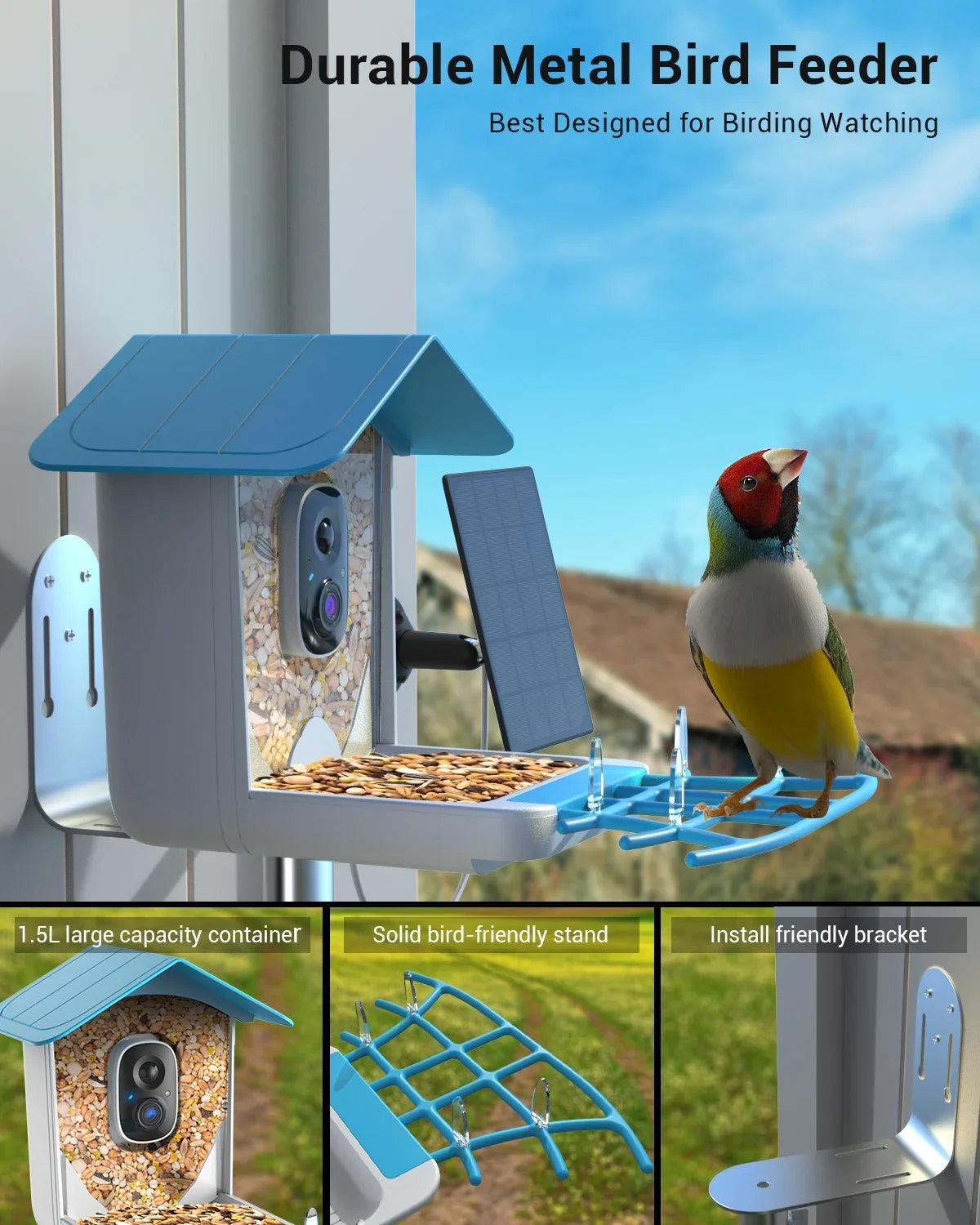 Smart Bird Feeder with Camera, Bird Feeder House with 1080P Battery Security Camera Solar Powered Auto Capture Bird Videos Wireless Outdoor
