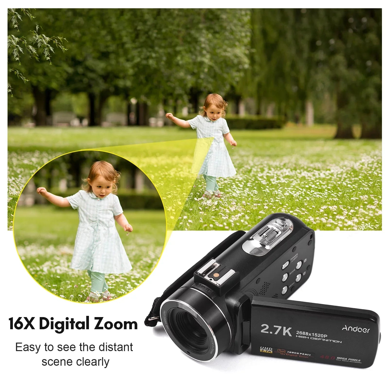 Andoer 2.7K Digital Video Camcorder  Recorder 48MP 16X Digital Zoom 3.0 Inch  Touch Panel Supports Face Detection Beauty Face Smile Capture -shake with 2pcs Batteries + Remote Control