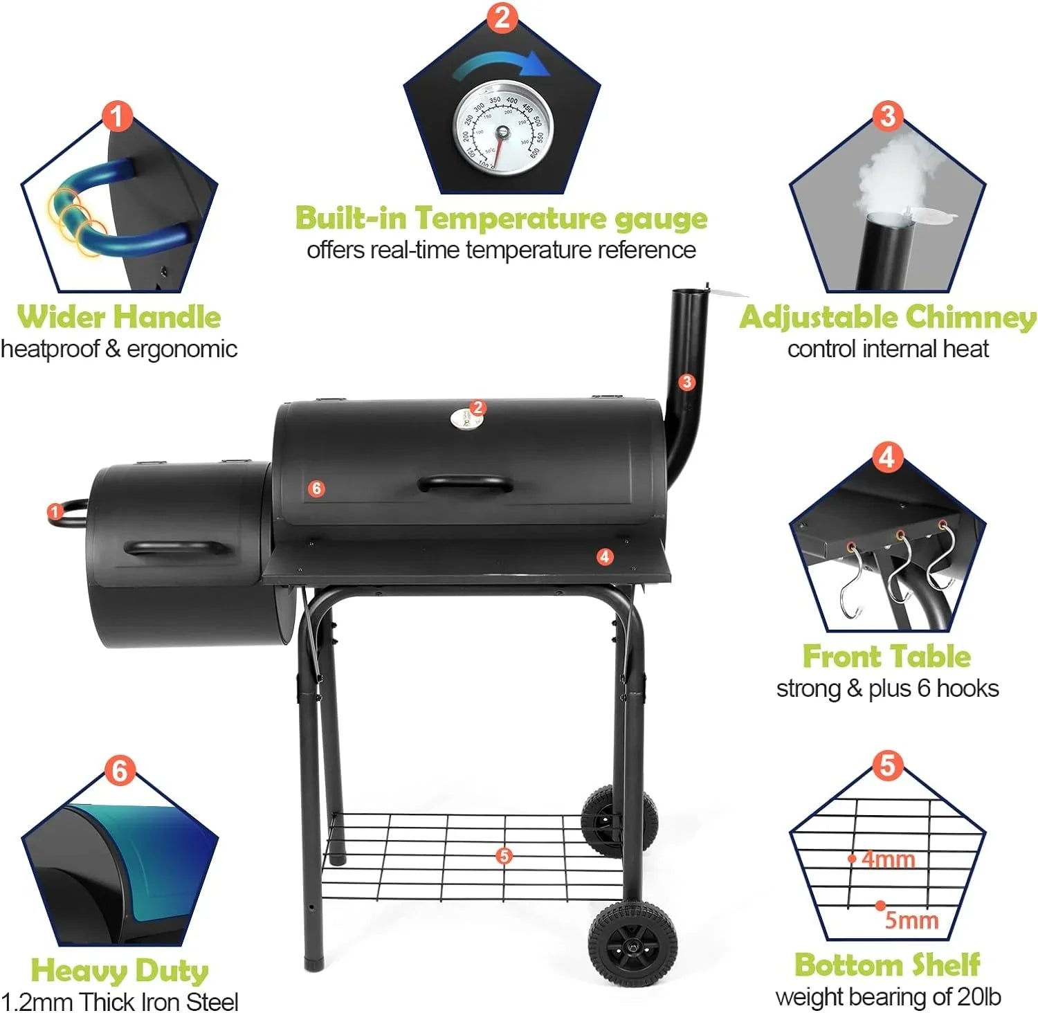 Outdoor  Grill, Barrel Charcoal Grill with Offset Smoker, Camping Barbecue Grill for Patio Backyard Garden Party Picnic, Large 420.. Cooking Area, 2 Screwdrivers & 6 Hooks - Black