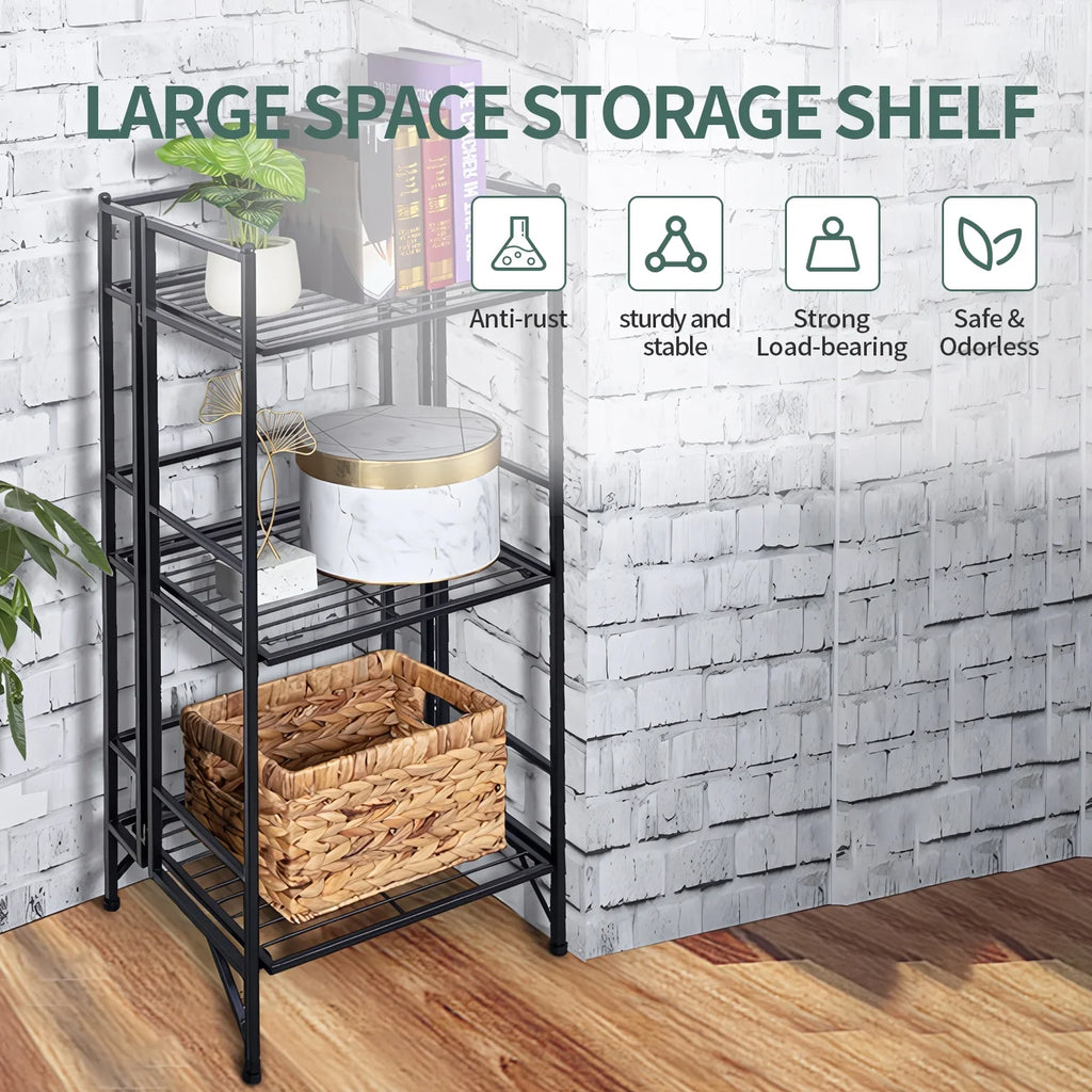 3 Tier Wide Folding Metal Shelf, Metal Storage Rack, 13 x 11 x 33" Wire Shelving Unit, Heavy Duty Kitchen Organizer Shelf, Black