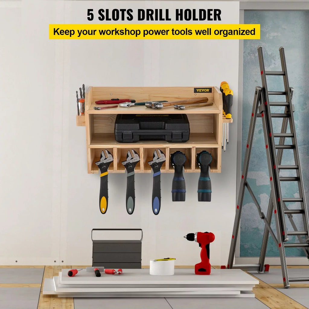 Wall Mount Drill Organizer, 5 Drill Slots, 2-Shelf Tool Storage, Polished Wood