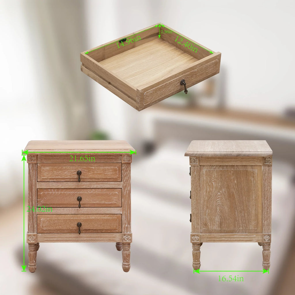 Pellebant Oak Nightstand with 3 Drawers Bedroom Furniture
